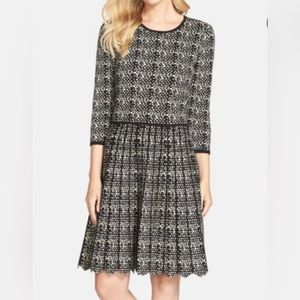 Taylor Black & White Floral Zig Zag Hem Fit & Flare A-line Sweater Knit Dress